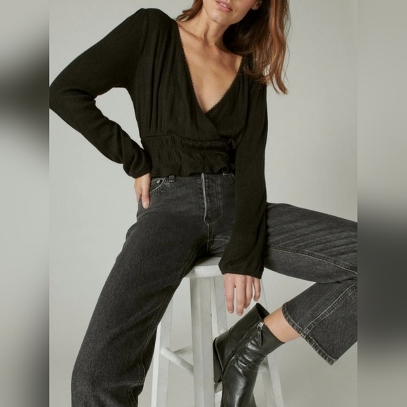 Lucky Brand Pointelle-Trim Surplice Top Jet Black XL New - Picture 2 of 10